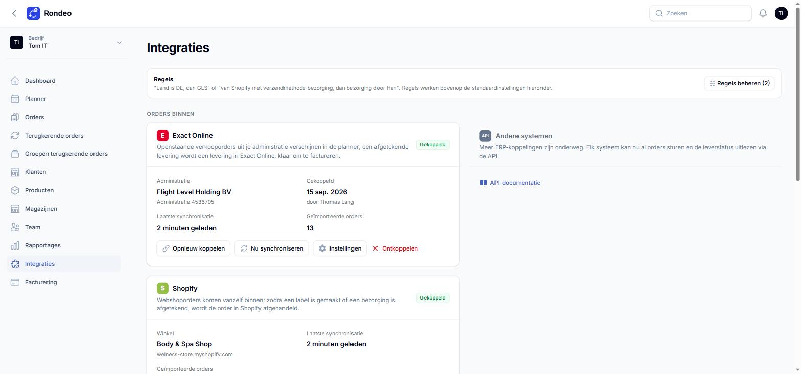 Rondeo Exact Online integration connected