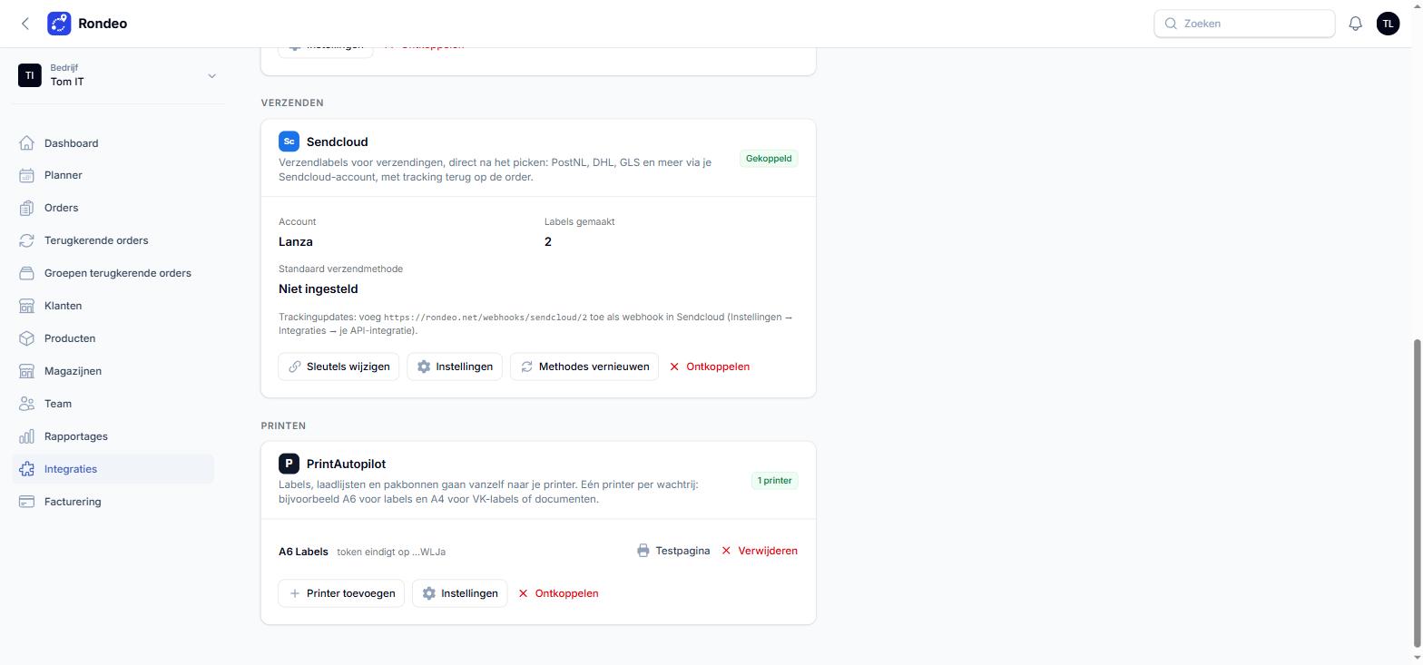 Rondeo Sendcloud and PrintAutopilot integration settings